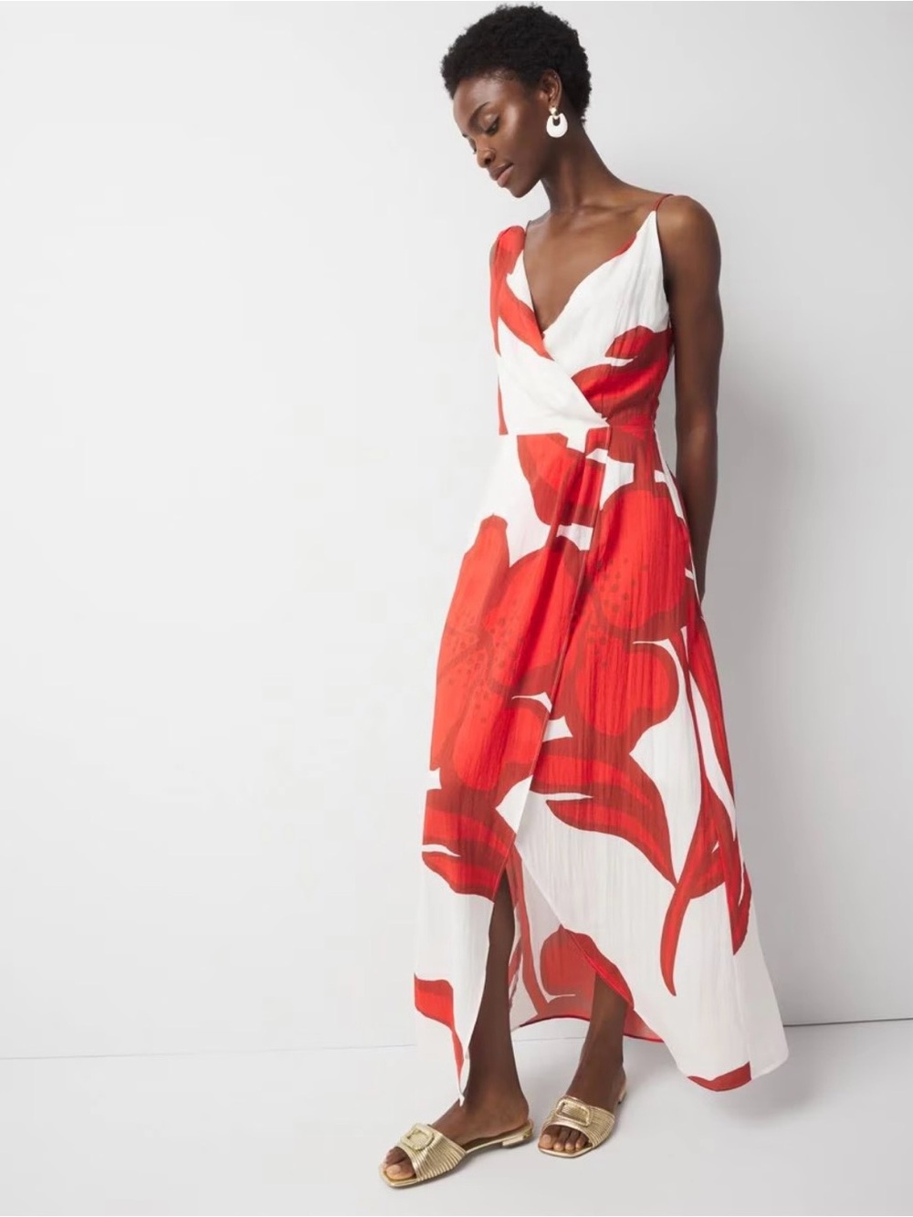 White House Black Market Petite Asymmetric Floral Maxi Dress Red & White 4P